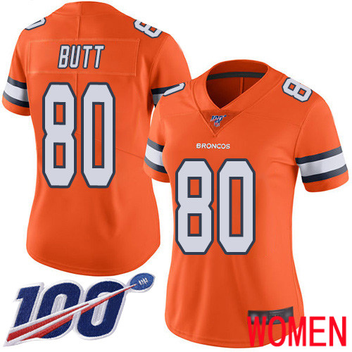 Women Denver Broncos 80 Jake Butt Limited Orange Rush Vapor Untouchable 100th Season Football NFL Jersey